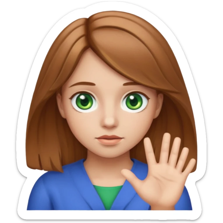 girl shrug emoji with light brown hair and green eyes with a blue ring around the iris sticker