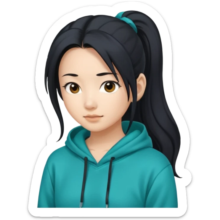 generate an asian female with long black hair in a ponytail and a teal hoodie sticker