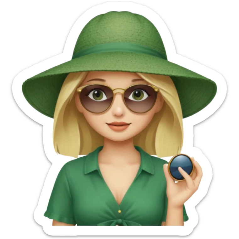 
blonde girl in dark green beach big hat adjusting sunglasses sticker