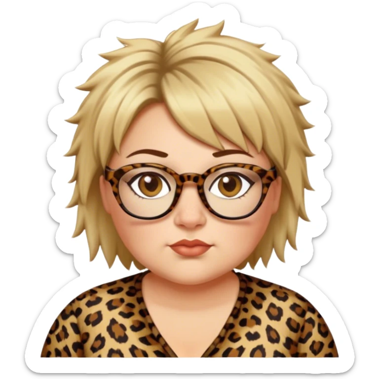 chuby white women dressed in leopard with short brown and blonde shaggy spiked hair wearing glasses with hazel color eyes and wide flat nose sticker