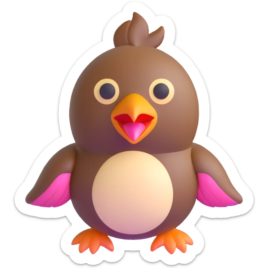 pidgey, small brown bird with cream face and underbelly, pink feet, and a short beak, 3D emoji style sticker
