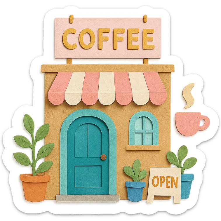 cozy coffee shop entrance with pastel hanging sign, potted plants, and cute details, hand-drawn soft pastel style sticker