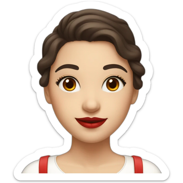 A girl with curved brown eyebrows, dark brown hair, bushy eyelashes, a high nose bridge, red lips, a white skirt with a swing neck, a fair complexion, and a smile sticker