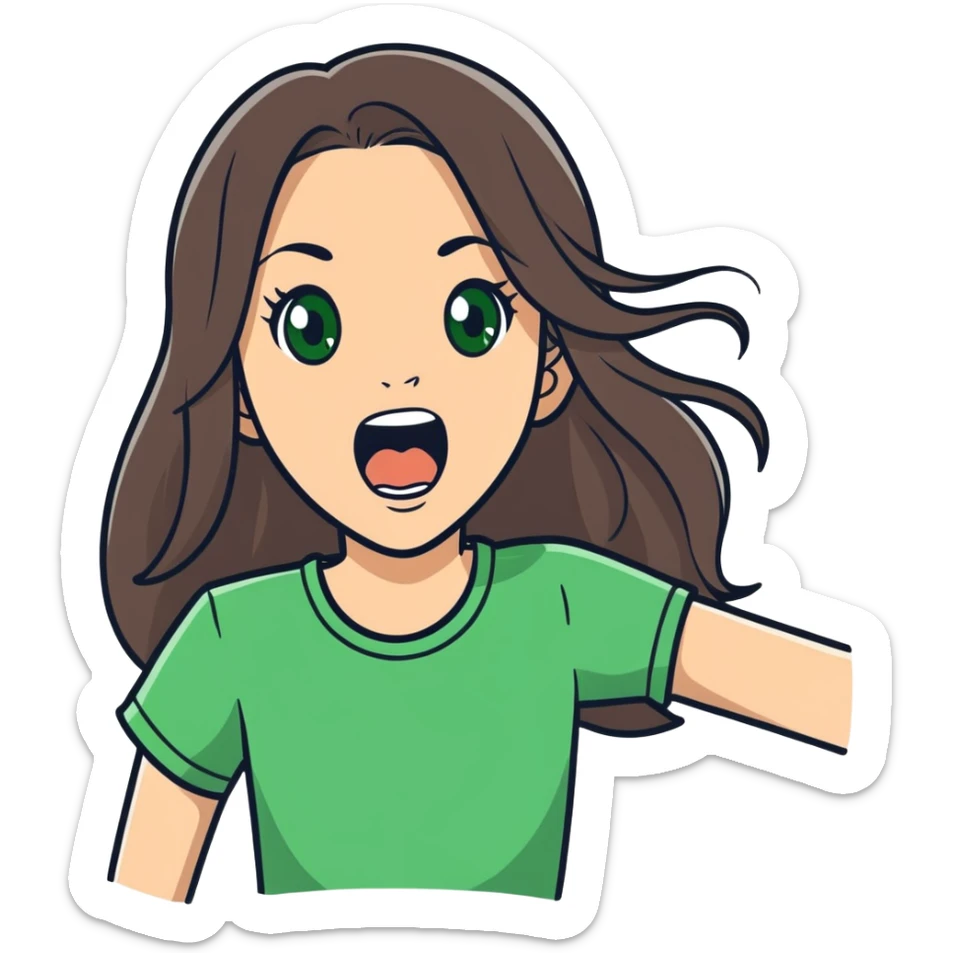 white girl, long brunette hair, green eyes screams with delight sticker