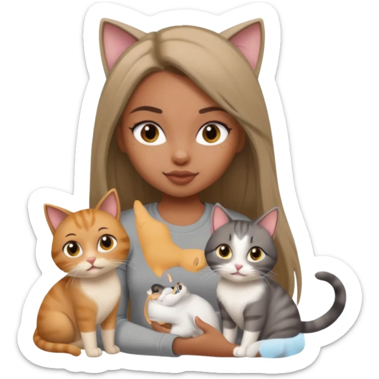 a pretty bratz dusky girl with long straight hair playing with 2 cats nd wearing a grey tshirt sticker