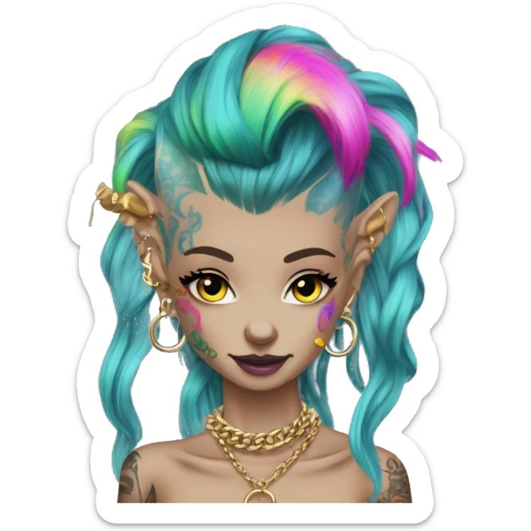 Punk Chinese crested neon rainbow hair gold chain piercings tattoos ear piercings sticker