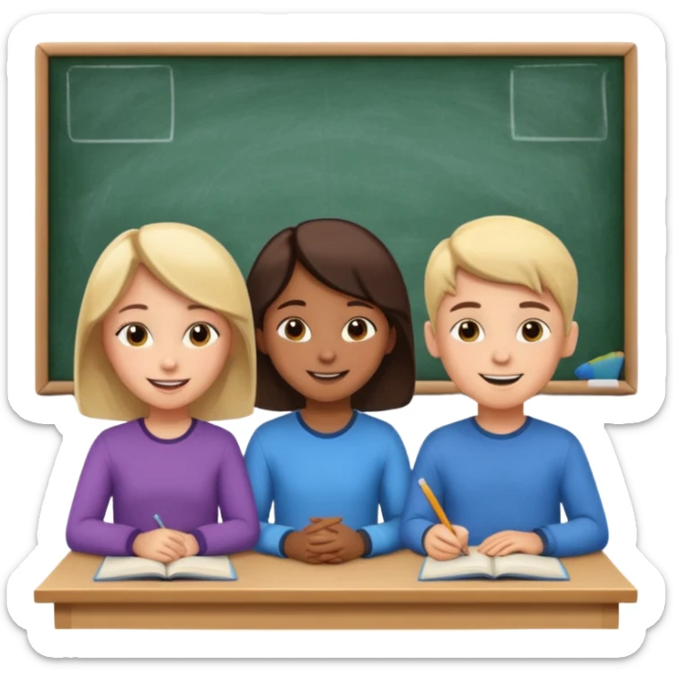 a group of students of both genders (boy and girl) talking to each other quietly in a classroom (let them face each other) sticker