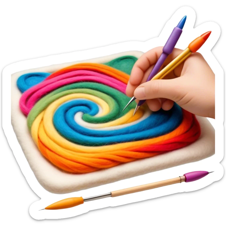 Felt art creation icon, layers of colorful felt being carefully shaped with felting needles into a large picture or decorative design, visible hand tools like felting needles, no finished artwork, just the process of felting, minimalistic style, clean lines, transparent background. sticker