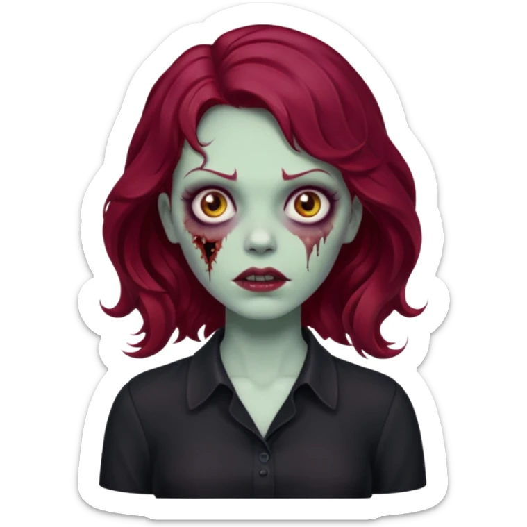 Faça me um emoji de um zumbi mulher de cabelos vermelho borgonha ondulado usando uma blusa preta sticker