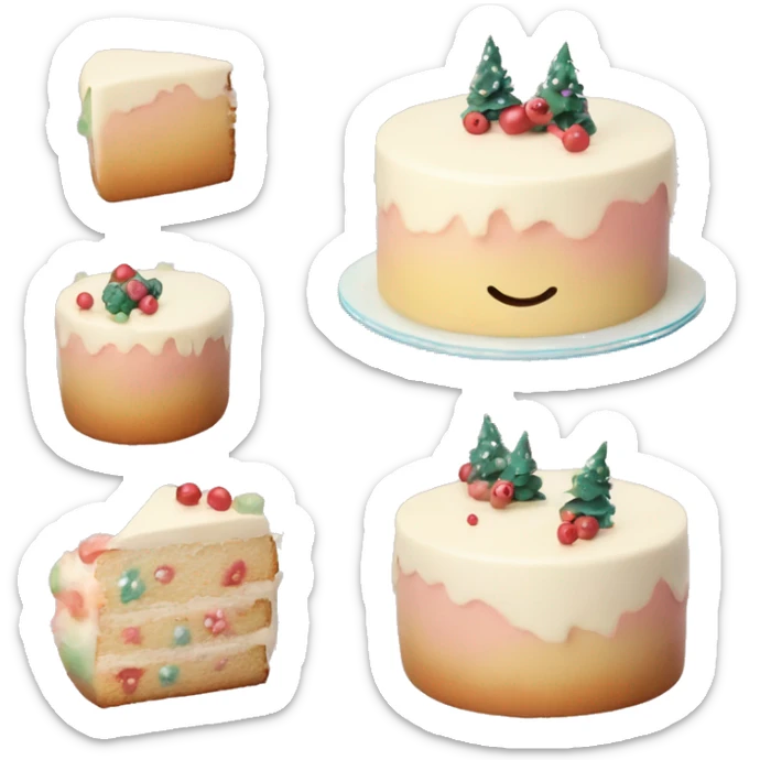 Emoji of a New Year's cake with delicate cream and minimalistic decorations (for example, a few berries or small Christmas tree toys). Warm pastel shades, clean lines sticker