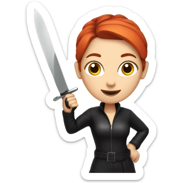 Woman with red hair bun wearing black leather an a knife sticker