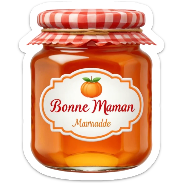 Bonne Maman orange marmalade jar, glass jar with red gingham lid, orange marmalade visible, classic label, cute emoji style sticker