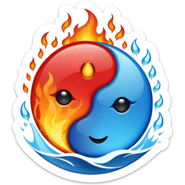 The fire and water emojis are in the form of the yin-yan symbol in front of a completely black background. sticker