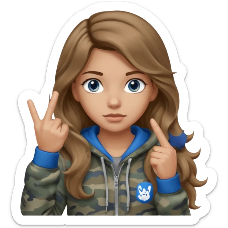 Girl with long wavy light brown hair, blue eyes , medium skin tone, wearing a gray camo hoodie and giving the middle finger sticker