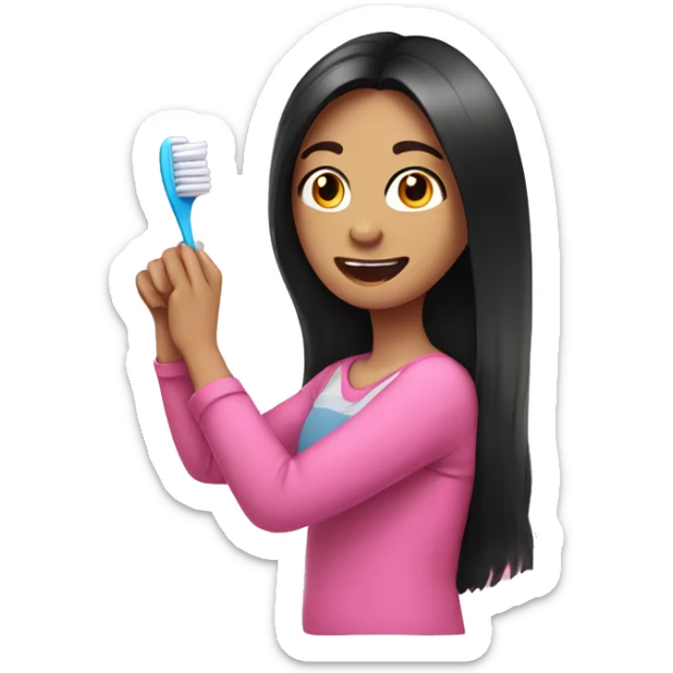 Brunette girl, Black long hair, pink shirt, brushing teeth  sticker