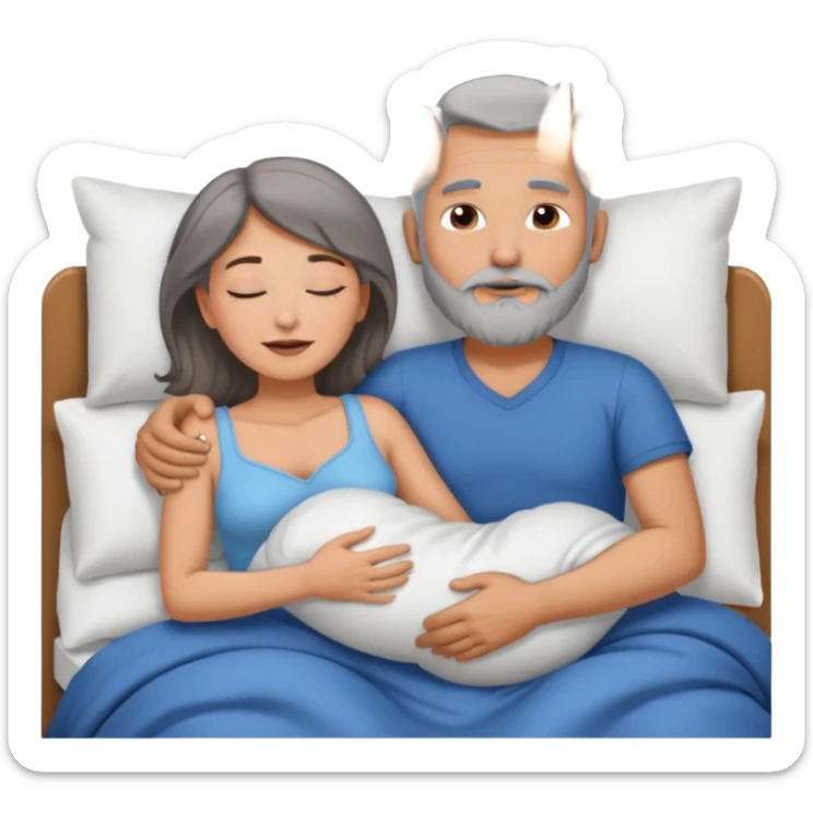 Man with grey hair and beard,beautiful brunette woman sleeping in bed together in the spooning position  sticker