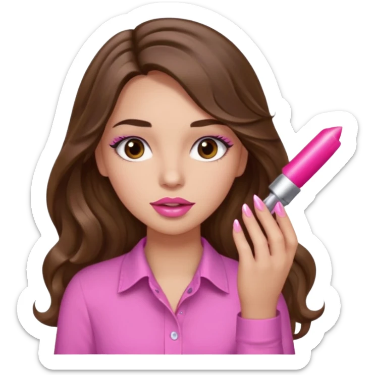 girl with long wavy brown hair, brown eyes, light to medium complexion, in a pink shirt, pink lips, long lashes, puckered lips, just had my nails done sticker