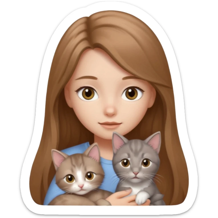 a light brown long hair with grey eyes girl and grey kitten sticker