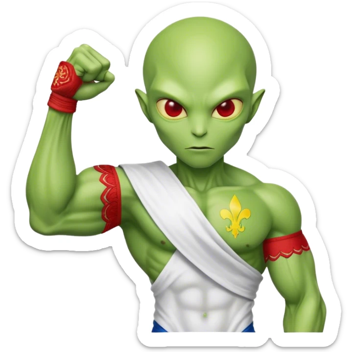 Green alien in Shirt 👚 vyshyvanka, white with red embodiary on sleeved, with 🇺🇦 Ukraine flag in a hand and 💪 sticker