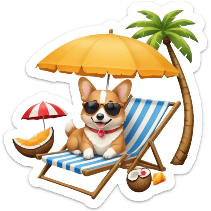 a corgi dog laied on a beach chair, a sunny beach, a sun umbrella, and beach coconut trees. the icon should capture the essence of a relaxing beach vacation with a carefree atmosphere sticker