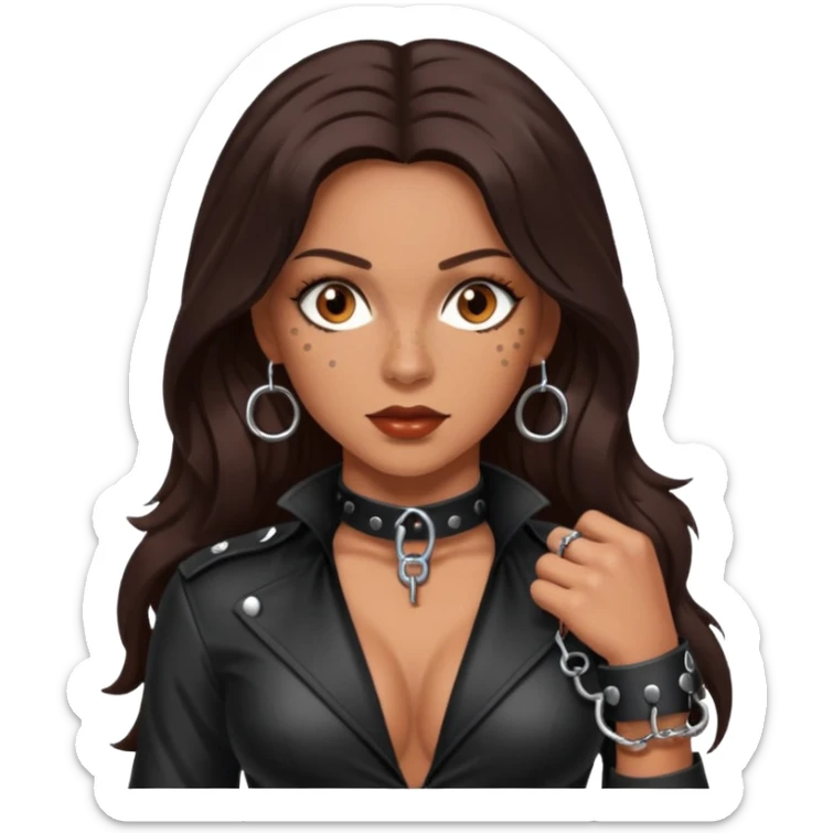 Tan skin with freckles, long dark hair, hazel eyes Dominatrix with handcuffs sticker