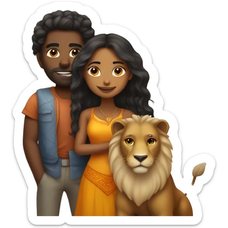 indian girl and black man in love picture with a pet lion sticker