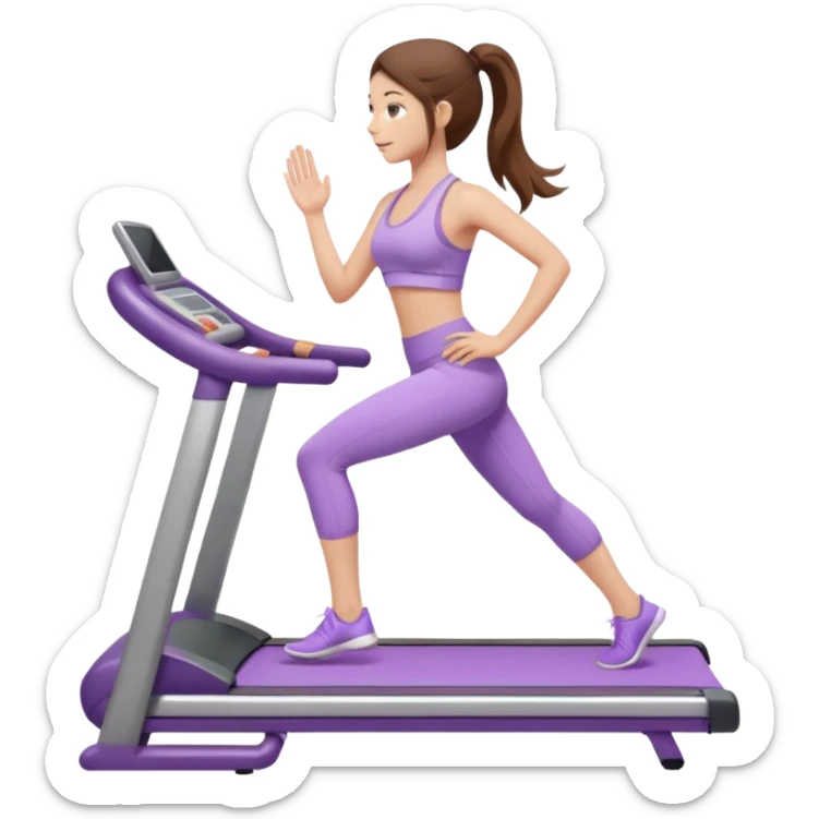 girl with long brown hair on treadmill wearing light purple yoga set sticker