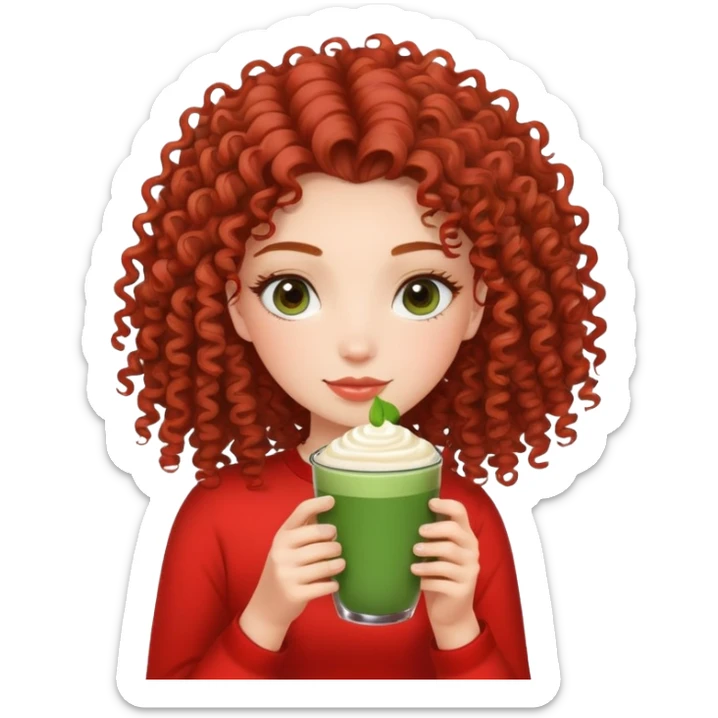 Girl whit curl hair and long lashes love matcha wearing red top sticker