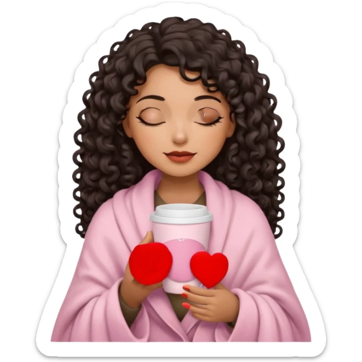 hispanic woman, brown skin, black long 3b curls, closed eyes, feminine face, holding soft pink coffee cup with beige blanket over shoulders, correct fingers, no eyeshadow sticker