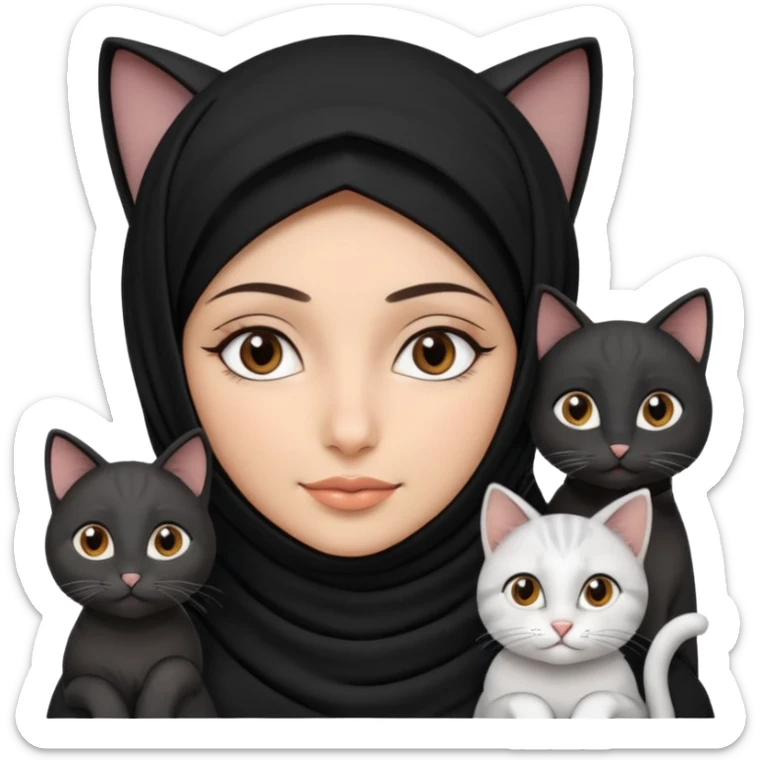 A Arabic woman human with brown eyes and black hijab. and three cats, two cats black and white and one grey cat  sticker