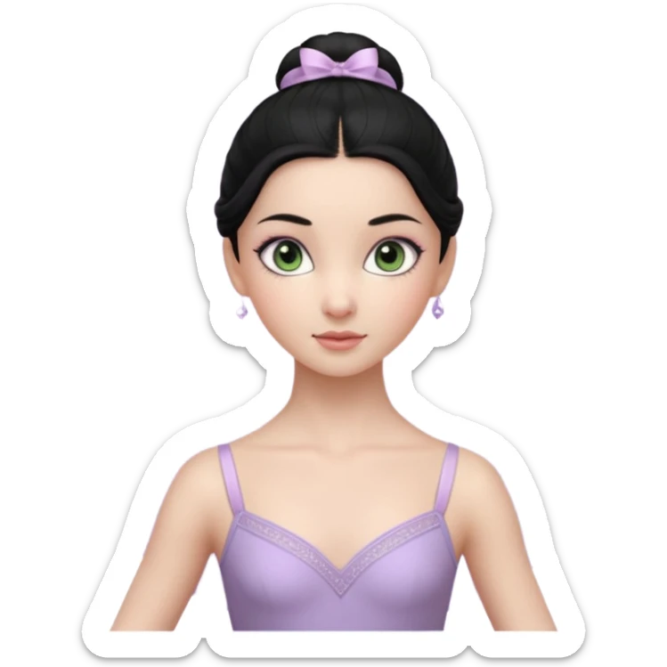 Cinematic Realistic ballerina Light Purple Portrait, depicted with lifelike skin texture, subtle rosy undertones, and soft natural lighting that enhances the gentle contours of her face. Her intricately detailed sweet black hair is elegantly styled, green eyes sticker