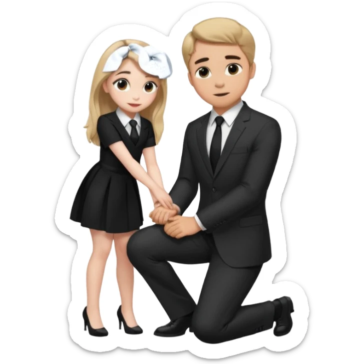  Sabrina carpenter kneeling down wearing a black dress with a tie, putting her hand on man’s leg who is standing  sticker