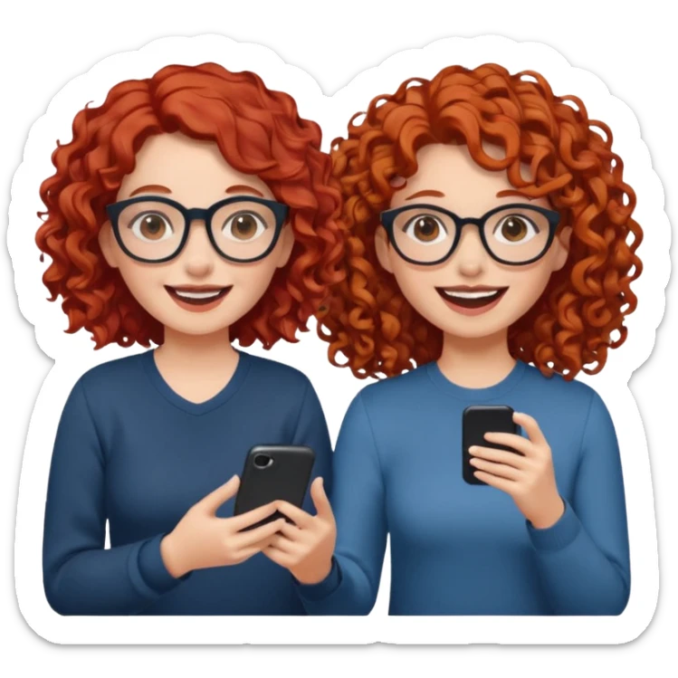 two girls. both white, one with curly red hair and glasses. one with curly brown hair. both giggling while doing a podcast sticker