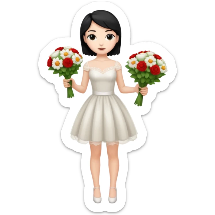 Chica blanca,cuerpo entero, vestido boda corto, pelo negro y recogido ramo de flores sticker