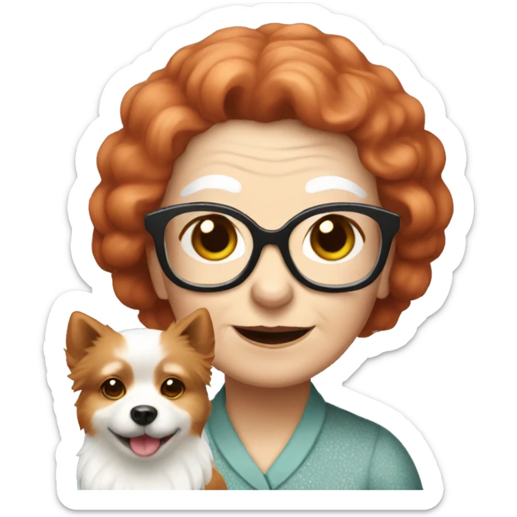 old lady with red hair and glasses holding a cute white pomerania sticker