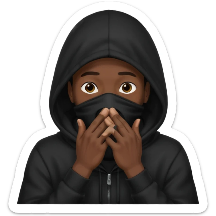 fait un homme noir avec une cagoule noir qui couvre sa tête, ses mains doivent être sur sa bouche comme si il se la cachait  sticker