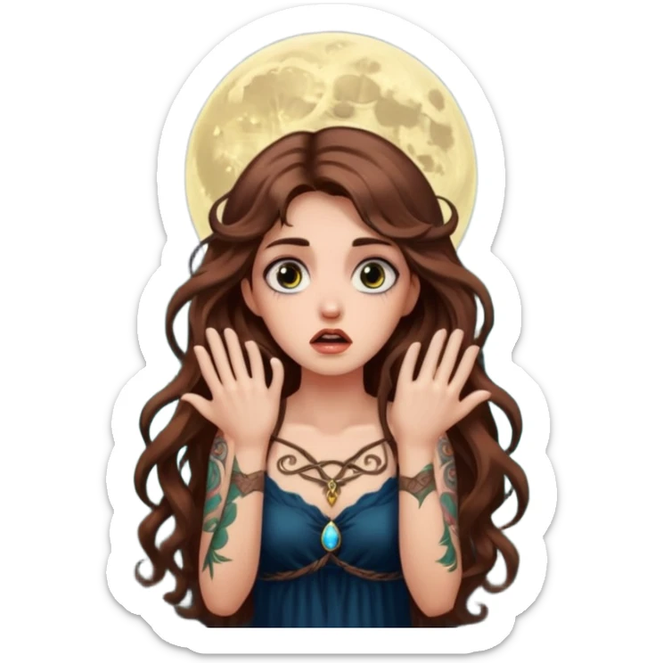shocked forest mystic woman long wavy brown hair tattoos wide eyes moon glow sticker