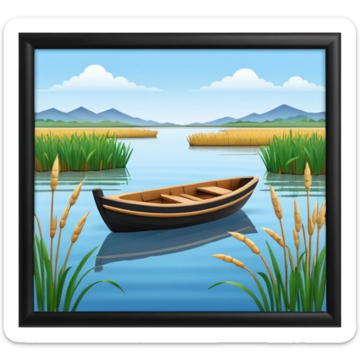 A 3D cartoon small boat floating on estuary water with nearby reeds and a distant horizon, bright lighting, realistic reflections, shown inside a simple wooden photo frame, Memoji-style rendering. sticker