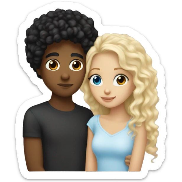 mixed girl whith curly brown and black hair kissing a white boy with blonde hair freckles and blue eyes sticker