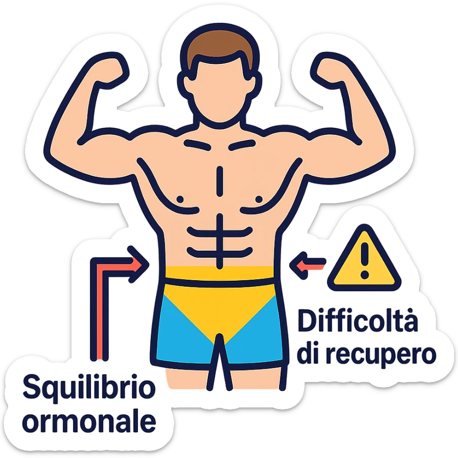 infografica in italiano, bodybuilder con zona bassa del busto evidenziata in giallo, frecce che indicano Squilibrio ormonale e Difficoltà di recupero, simbolo di attenzione, stile educativo, sfondo bianco sticker