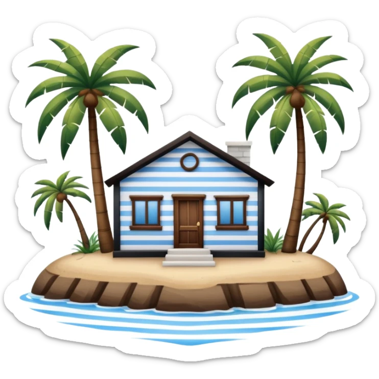 A full square no roof  white and blue stripe house horizontally with brown wooden door on a island with palm trees  sticker