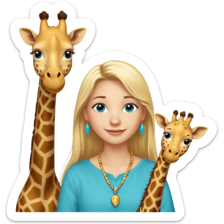 Swedish girl blonde long straigt hair blue eyes turqoise shirt gold earings, girrafe necklace gold small, long lashes smiling closed mouth sticker