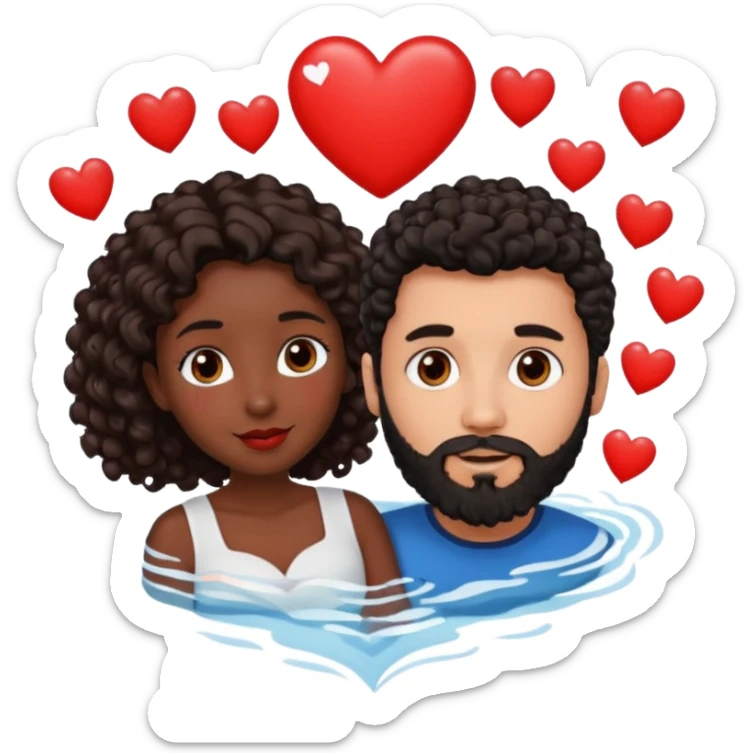 pareja de Mujer morena rizada cabello largo castaño ojos oscuros y hombre blanco cabello negro corto (no es rizado) con barba  y ojos marron al rededor de la pareja corazones sticker