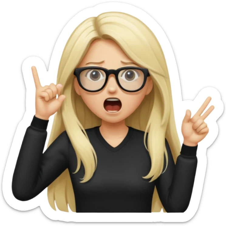 blonde girl with long hair, white glasses, black clothes, shouting bad words sticker
