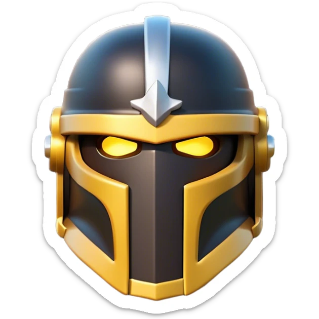 Clash of Clans aesthetic: Cinematic Playful 3D Isometric Helmet Emoji, rendered in a 3D vector-style similar to standard emojis with minimal shading and bold, simplified shapes. A compact, distinct form with signature details, softly glowing with a fantasy RPG magic charm. Simplified yet unmistakably iconic, highly detailed and consistent, glowing with a soft radiance and high shine. Stylized with a touch of heroic grandeur and a soft glowing outline, capturing the essence of a beloved gaming relic with a friendly, playful manner! sticker