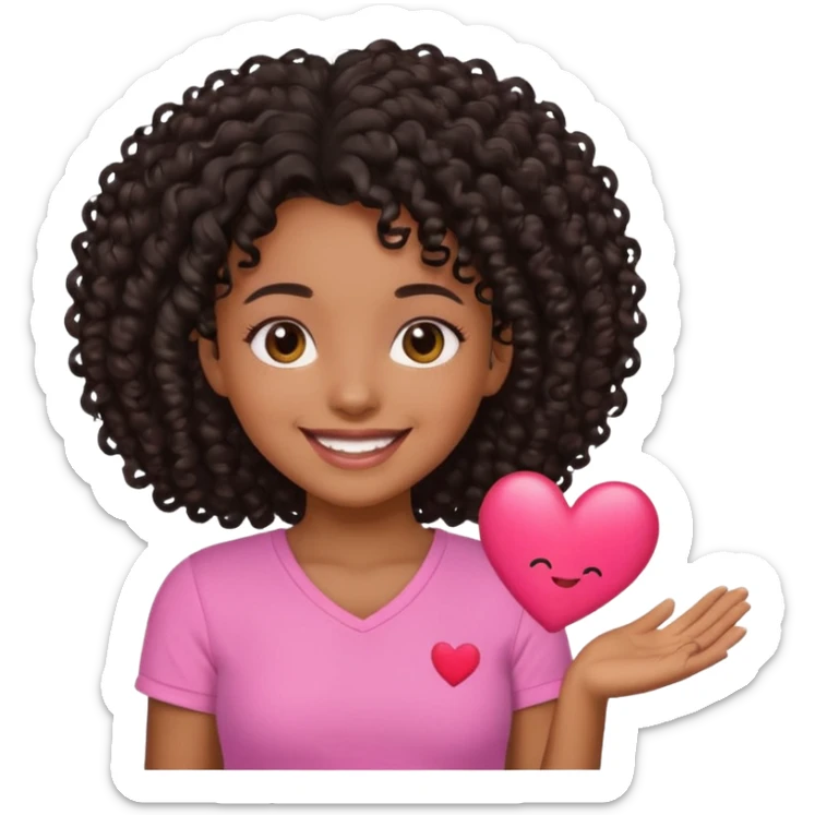 A brown skin girl with a black curly 4C hair and she has a pink Shirt that has a heart  sticker