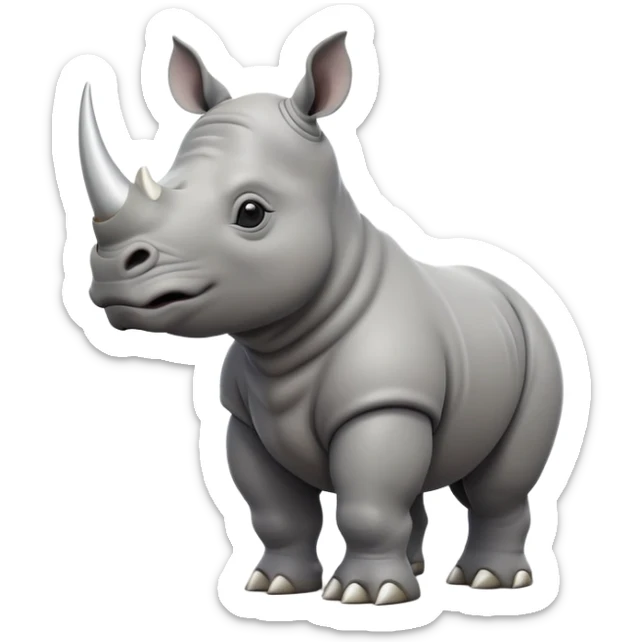 cinematic-rhino-full-body-standing-emoji,white horn, slate grey skin -massive-body-poised-powerfully,-thick-horn-curving-slightly-forward,-head-tilted-dramatically,-rough-grey-hide-covered-in-dust,-simplified-focused-features, large cute black eyes sticker
