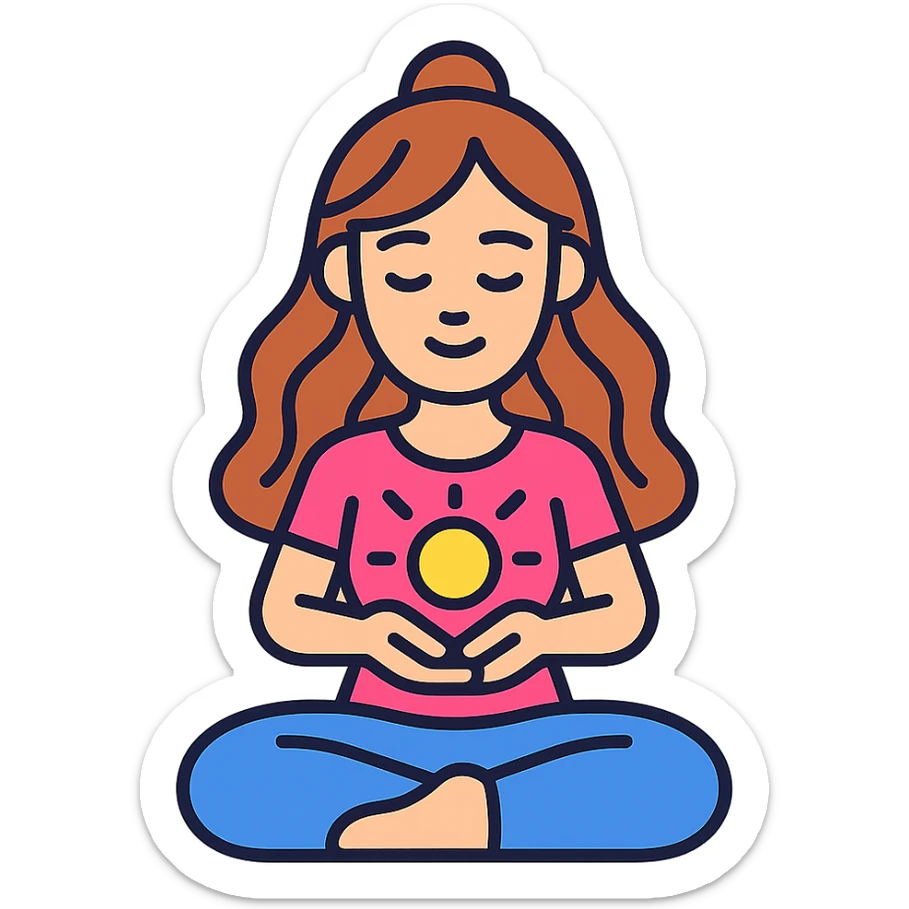 detailed, cute, feminine girl in lotus pose holding glowing energy, vector style with soft shadows and highlights, smooth lines, transparent background sticker