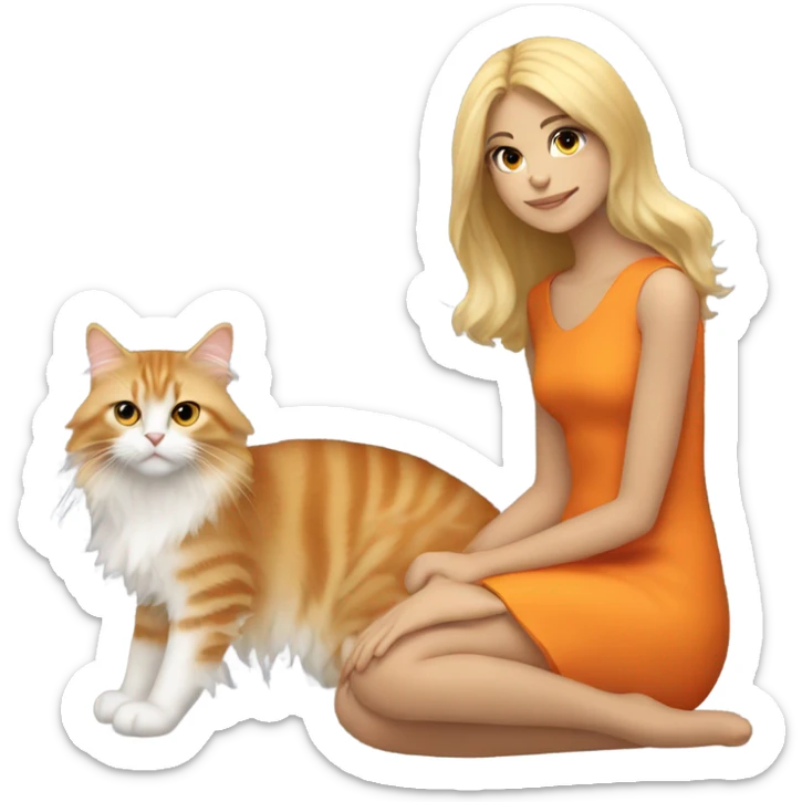Blonde girl with her orange tuxedo maine coon cat  sticker