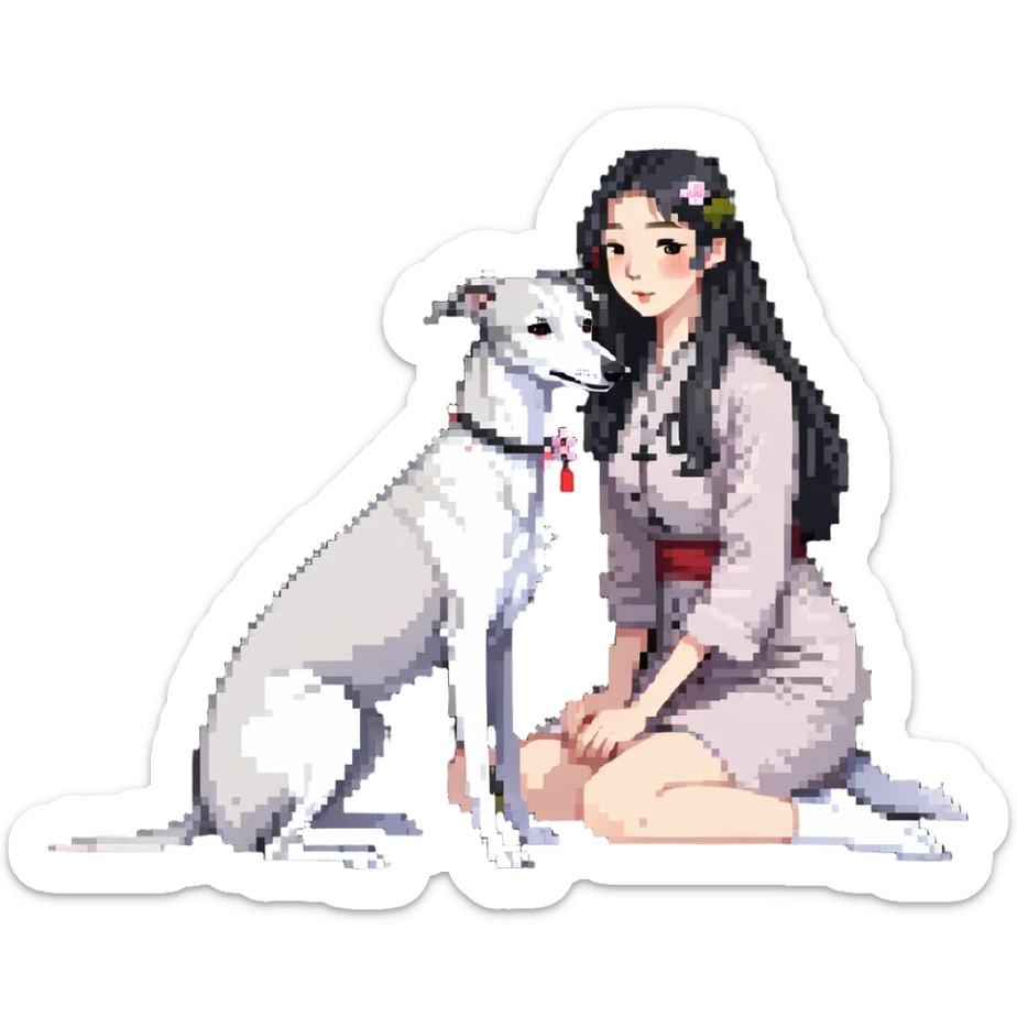 A very beautiful and attractive 25-year-old Chinese woman with long flowing black hair and a pure solid dark grey whippet with ABSOLUTELY NO white markings anywhere on its body sitting under a cherry blossom tree. The whippet must be completely solid dark grey with no white on chest, no white on muzzle, no white on paws - entirely one solid dark grey color. sticker